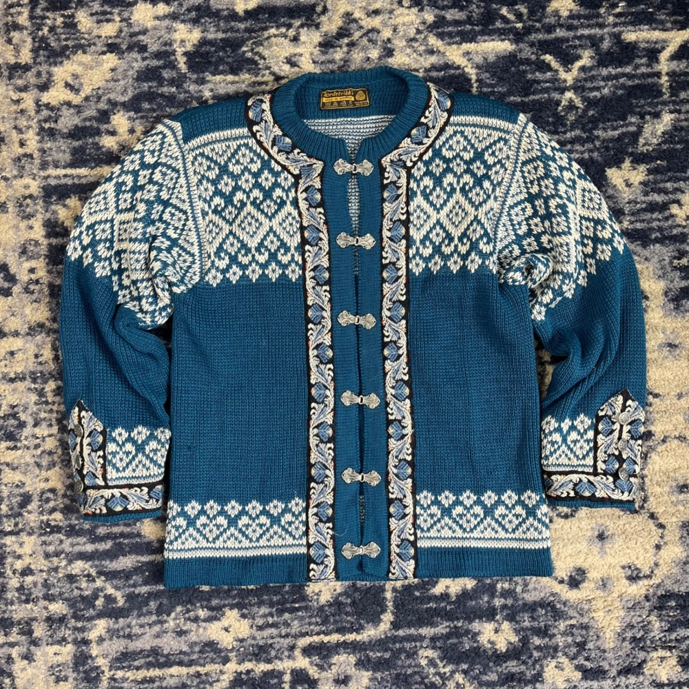 Nordstrikk Norway Wool Cardigan Sweater Teal Nordic Pewter Clasp Vintage